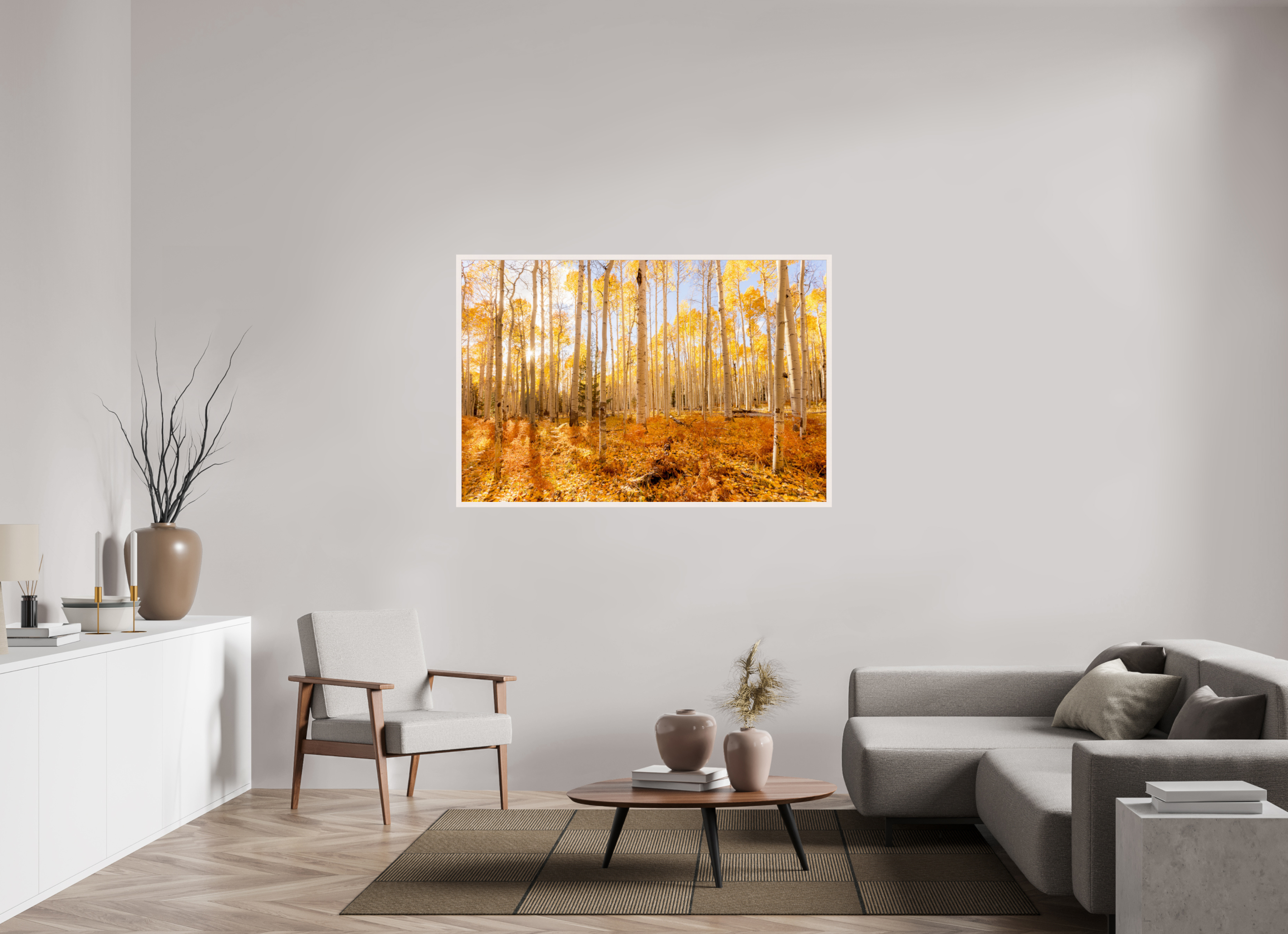 150 x 100 cm, White Hamburg Frame Golden Aspen Trees