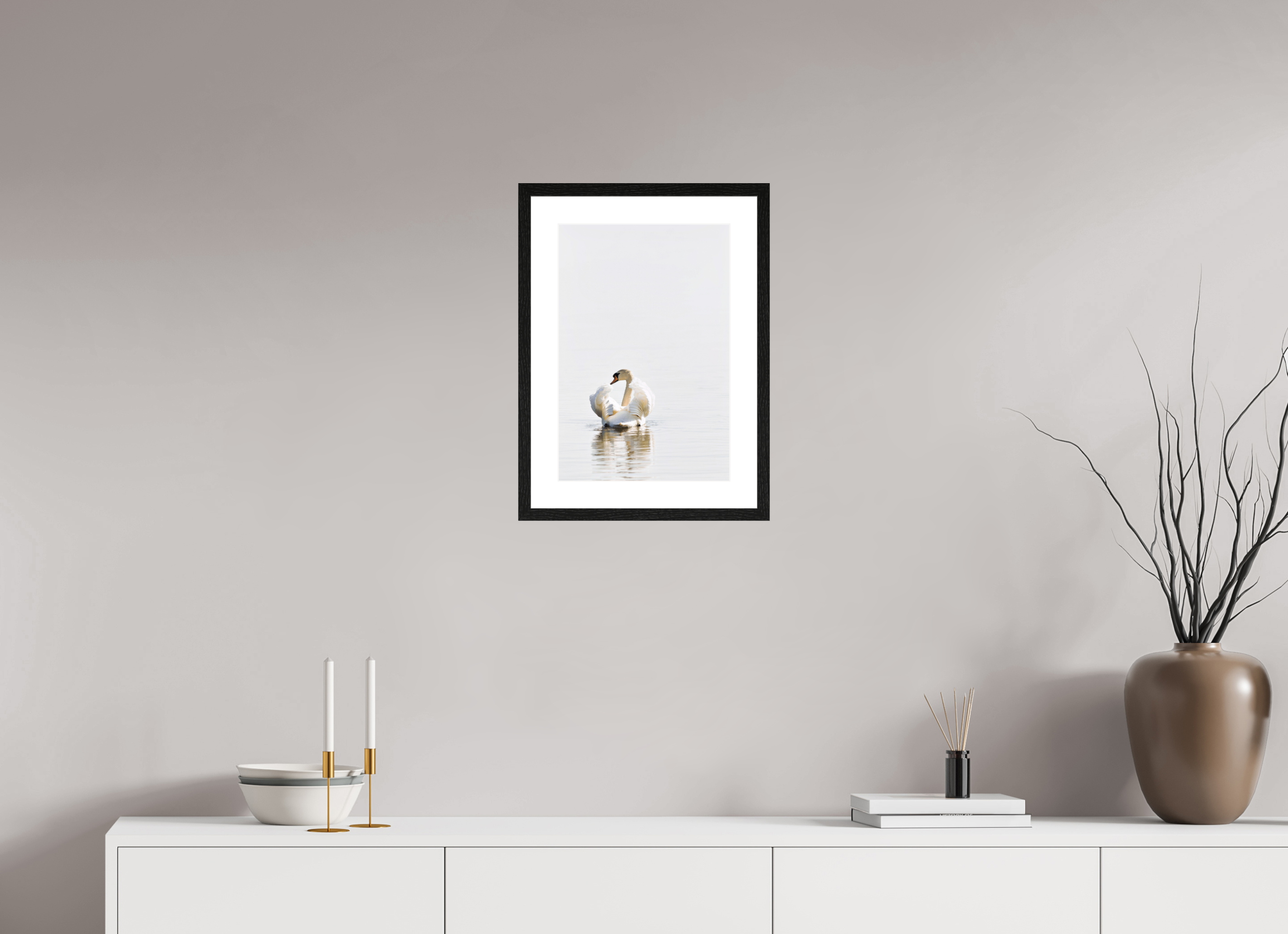 30 x 44.6 cm, Black Frames Swan at Dawn