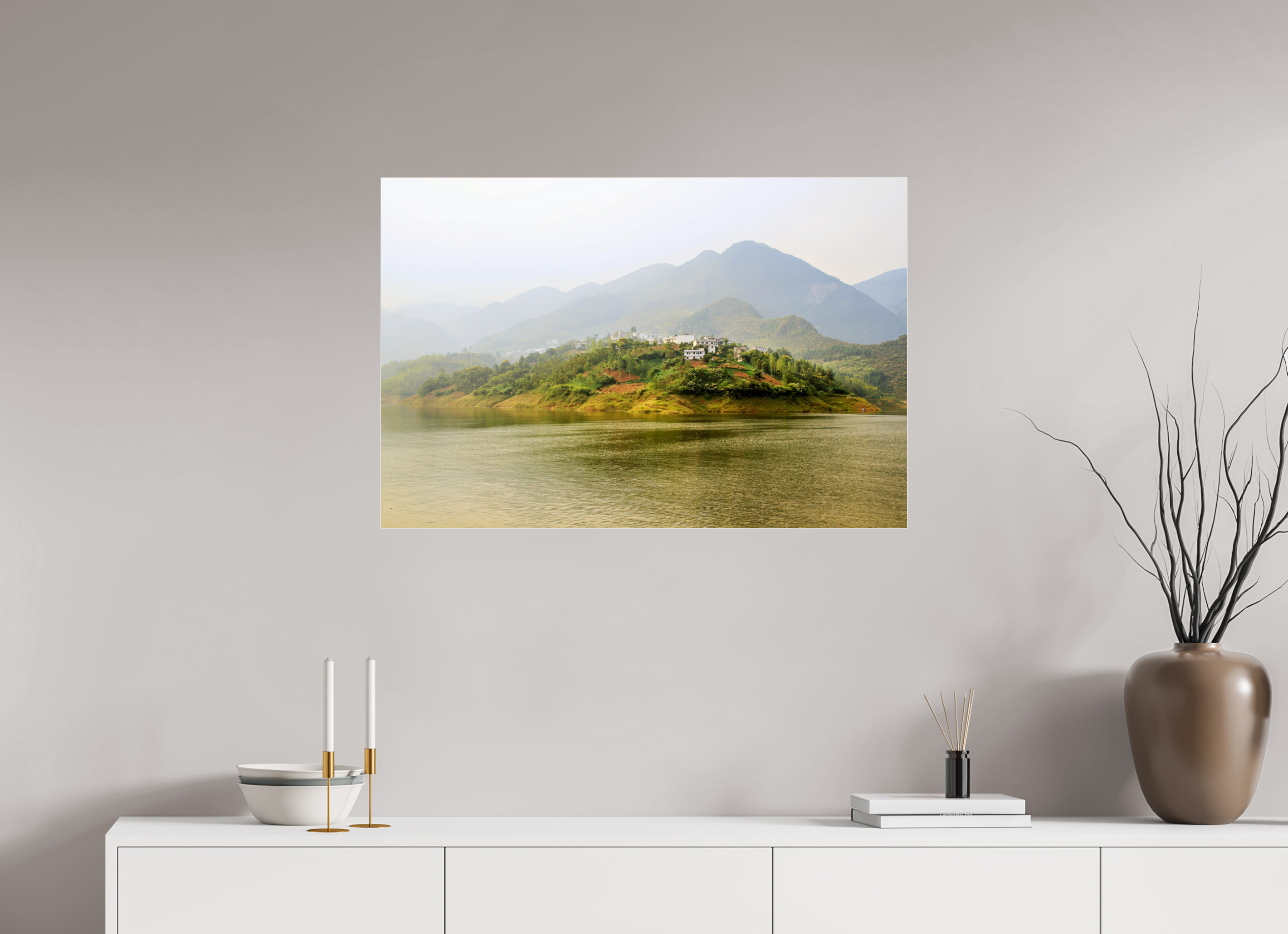 90 x 60 cm, Photo Print Under Acrylic Glass Mist along the Yangtze River