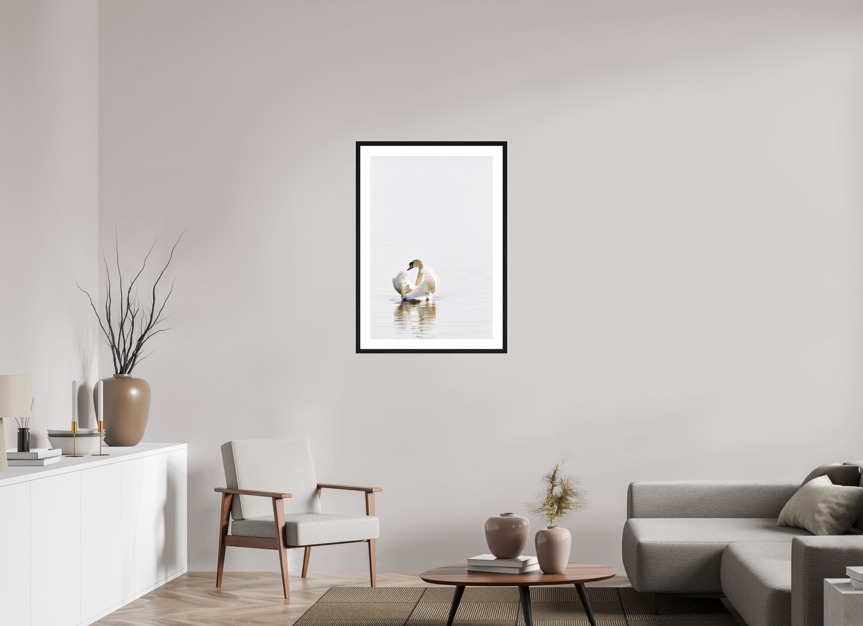 60 x 89.2 cm, Black Frames Swan at Dawn