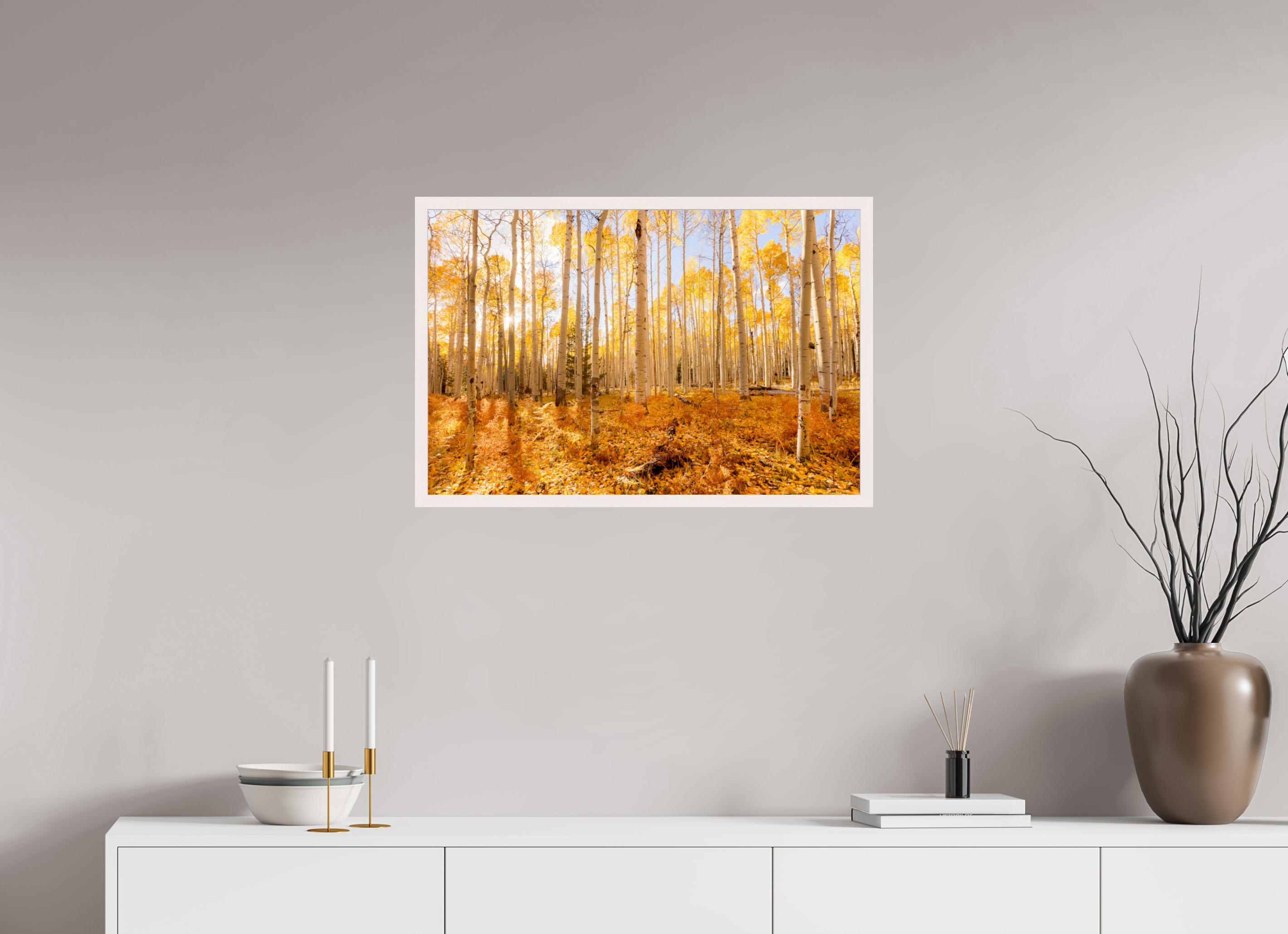 75 x 50 cm, White Hamburg Frame Golden Aspen Trees