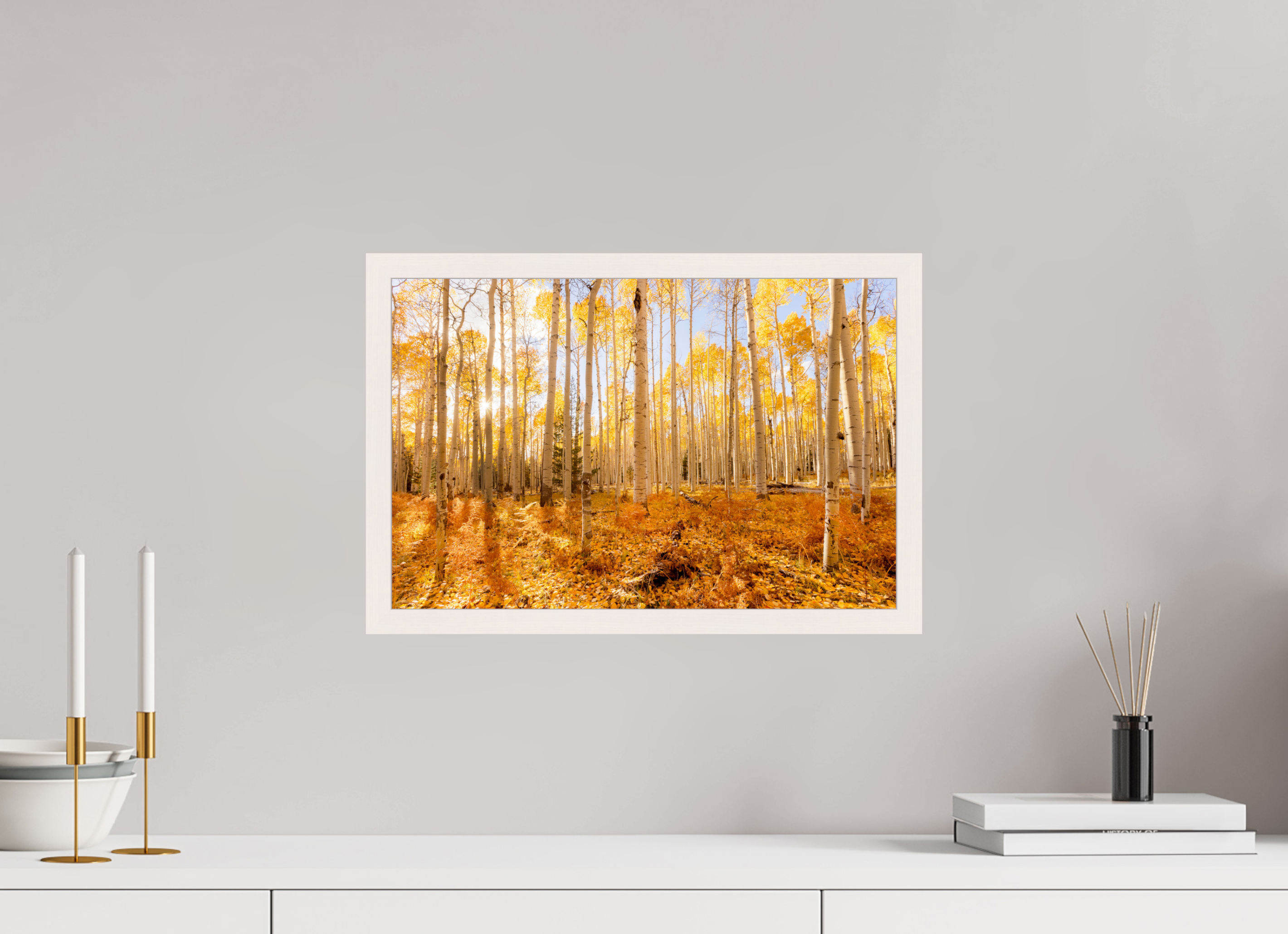 45 x 30 cm, White Hamburg Frame Golden Aspen Trees
