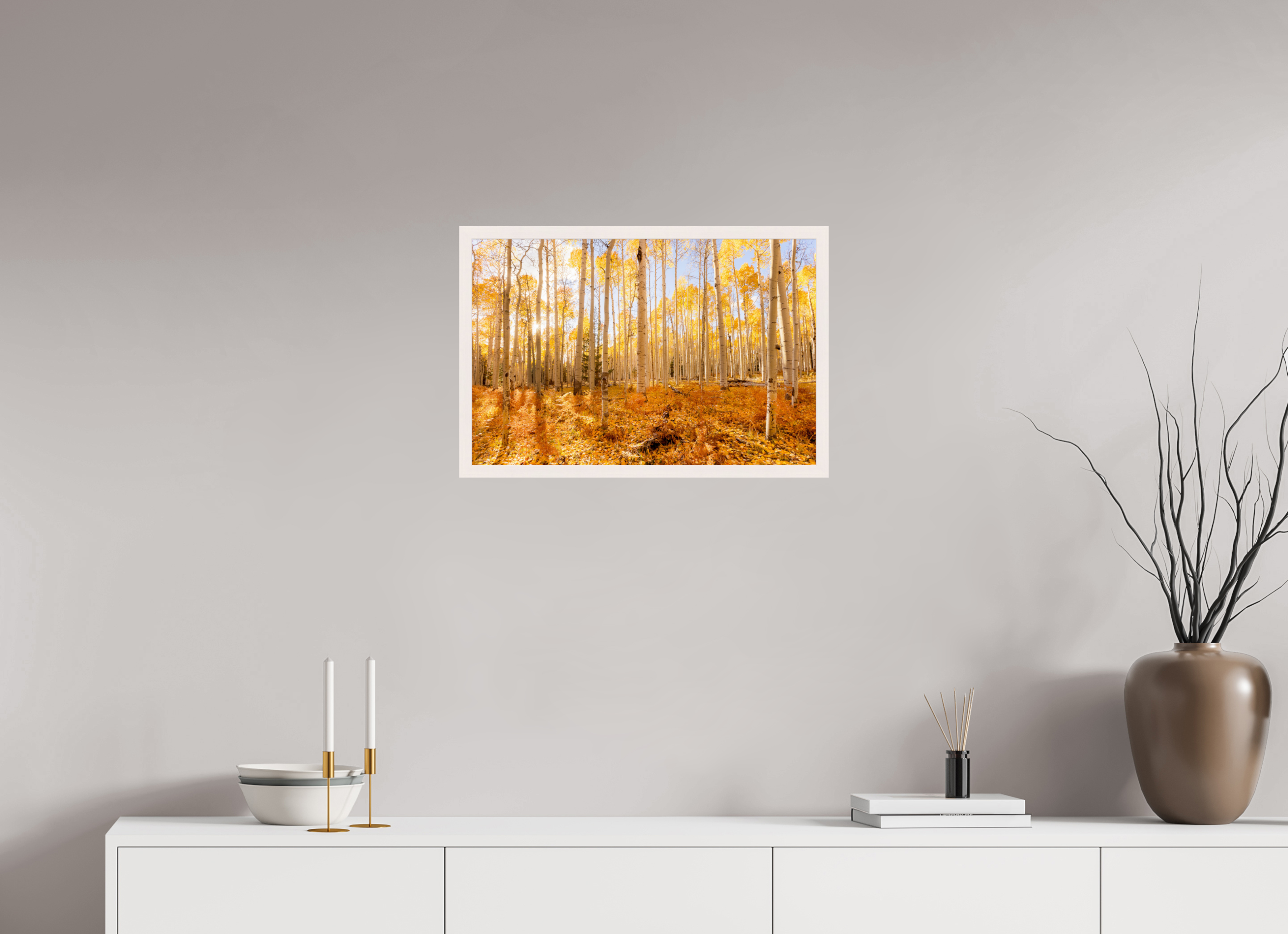 60 x 40 cm, White Hamburg Frame Golden Aspen Trees